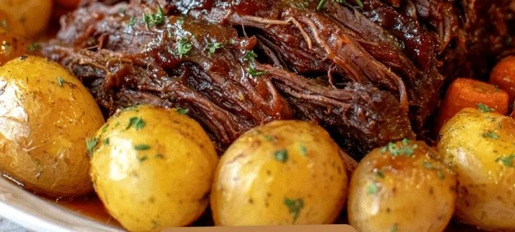 Delicious slow cooker pot roast garnished with vegetables and herbs.