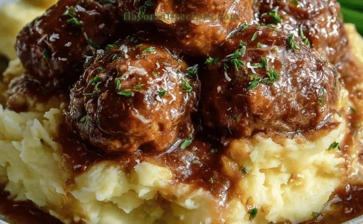 Slow Cooker Salisbury Meatballs with Creamy Mashed Potatoes