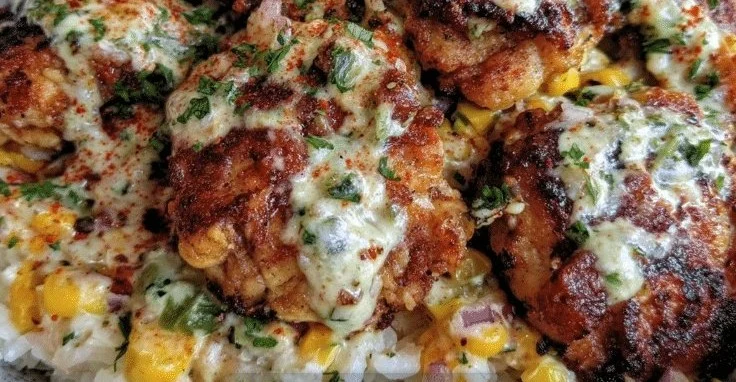 Delicious street corn chicken rice bowl with vibrant toppings and flavors