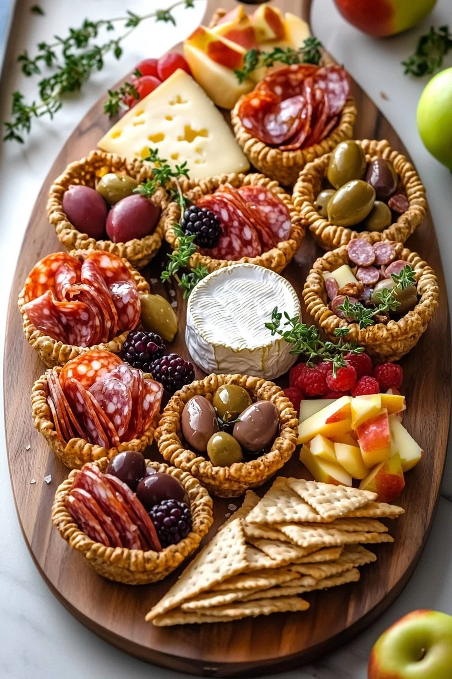 Cornucopia charcuterie cups filled with meats, cheeses, and fresh produce