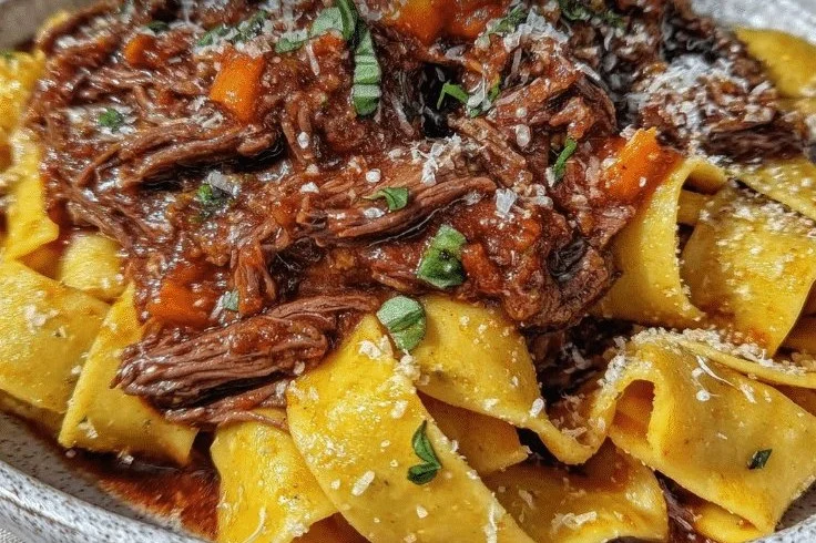 Tender Crockpot Beef Ragu Over Pappardelle