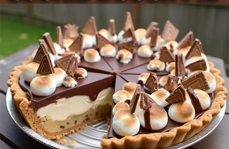 Ultimate Giant S’mores Cookie Dough Pie topped with marshmallows and chocolate