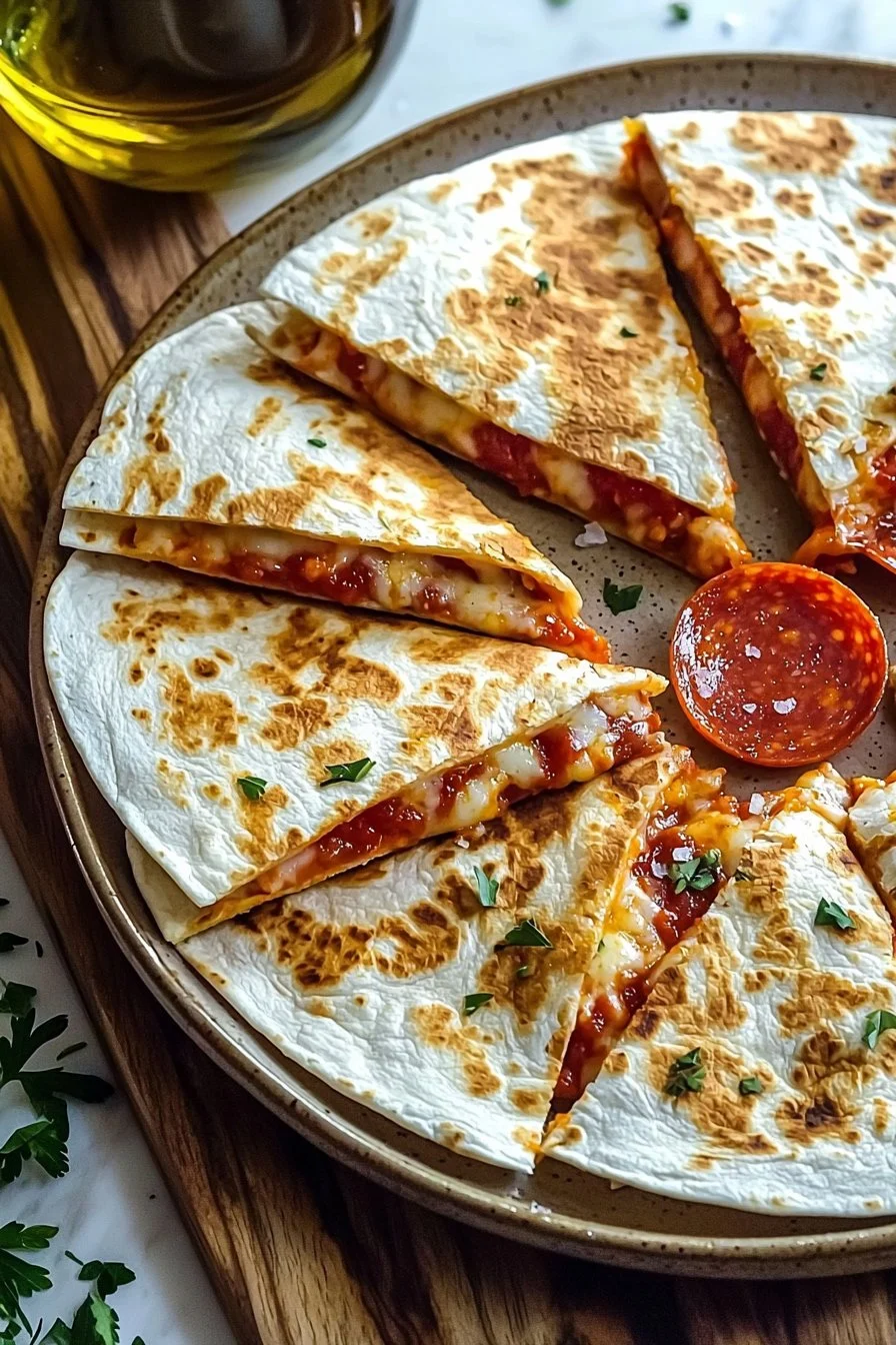 5-Ingredient pizza quesadillas served on a plate with melted cheese and toppings