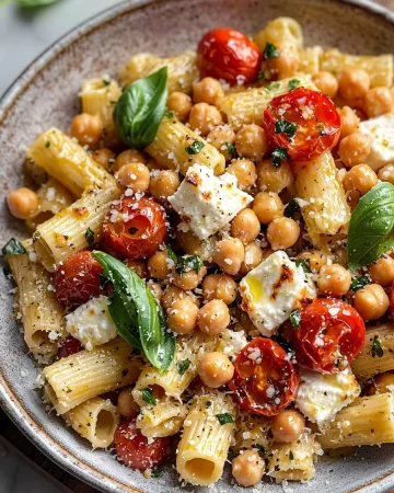 Baked feta pasta with chickpeas served in a vibrant dish