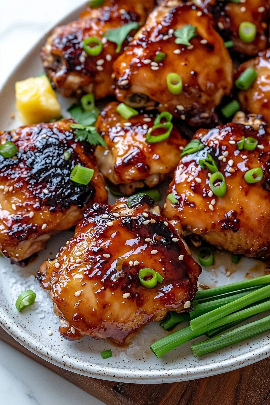 Baked Huli Huli Chicken served on a plate with tropical garnishes