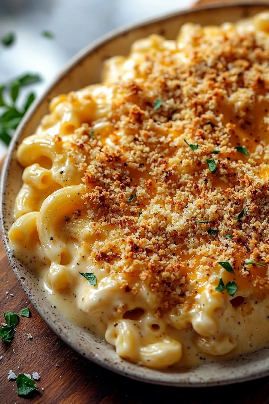 Delicious baked mac and cheese with crunchy breadcrumb topping in a casserole dish.