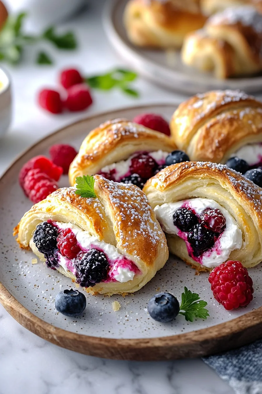 Berry cream cheese stuffed crescent rolls on a baking sheet, ready to be served.