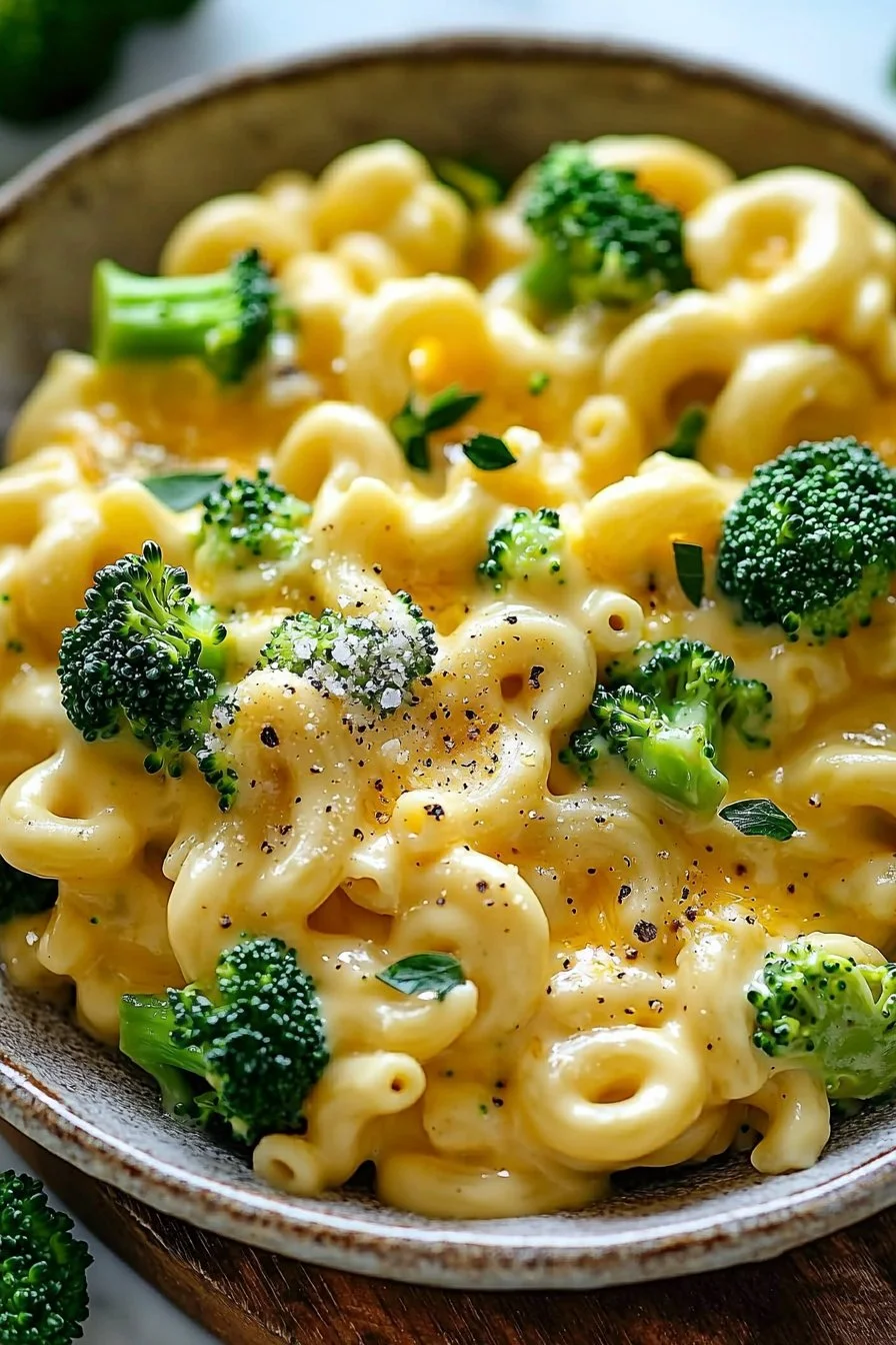 Bowl of creamy broccoli mac and cheese with fresh broccoli florets