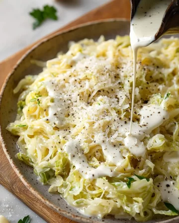 Delicious Cabbage Noodles Alfredo with creamy sauce