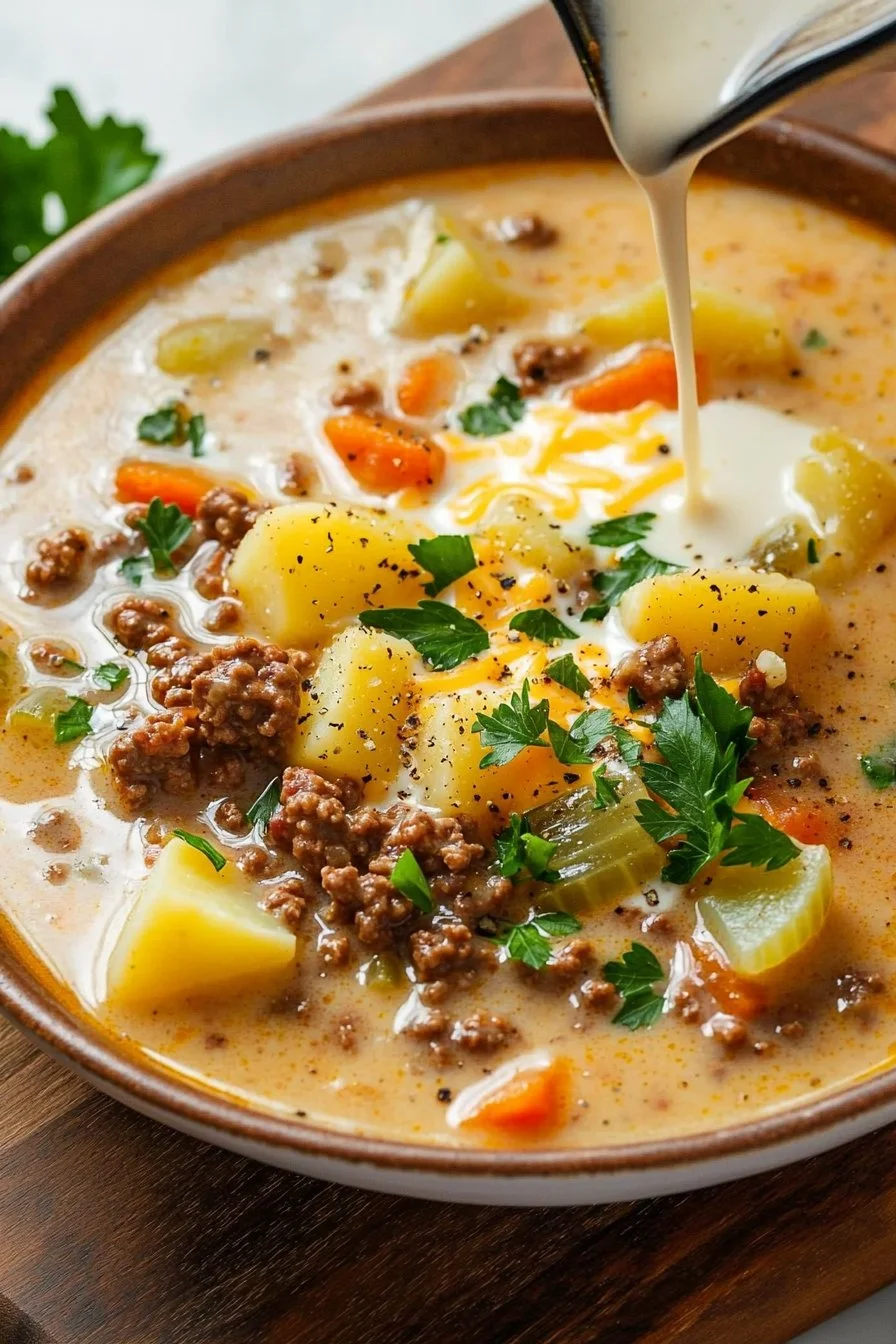 Creamy Cheeseburger Soup with Baby Potatoes in a bowl
