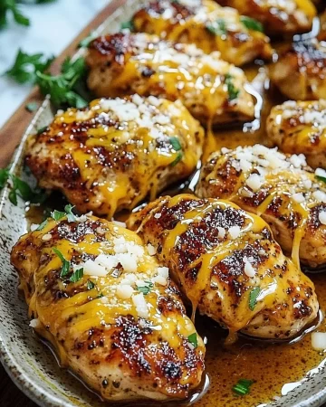 Delicious Cheesy Honey Mustard Chicken served with fresh herbs and sides