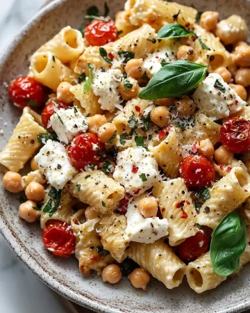 Creamy baked feta pasta with chickpeas served in a bowl