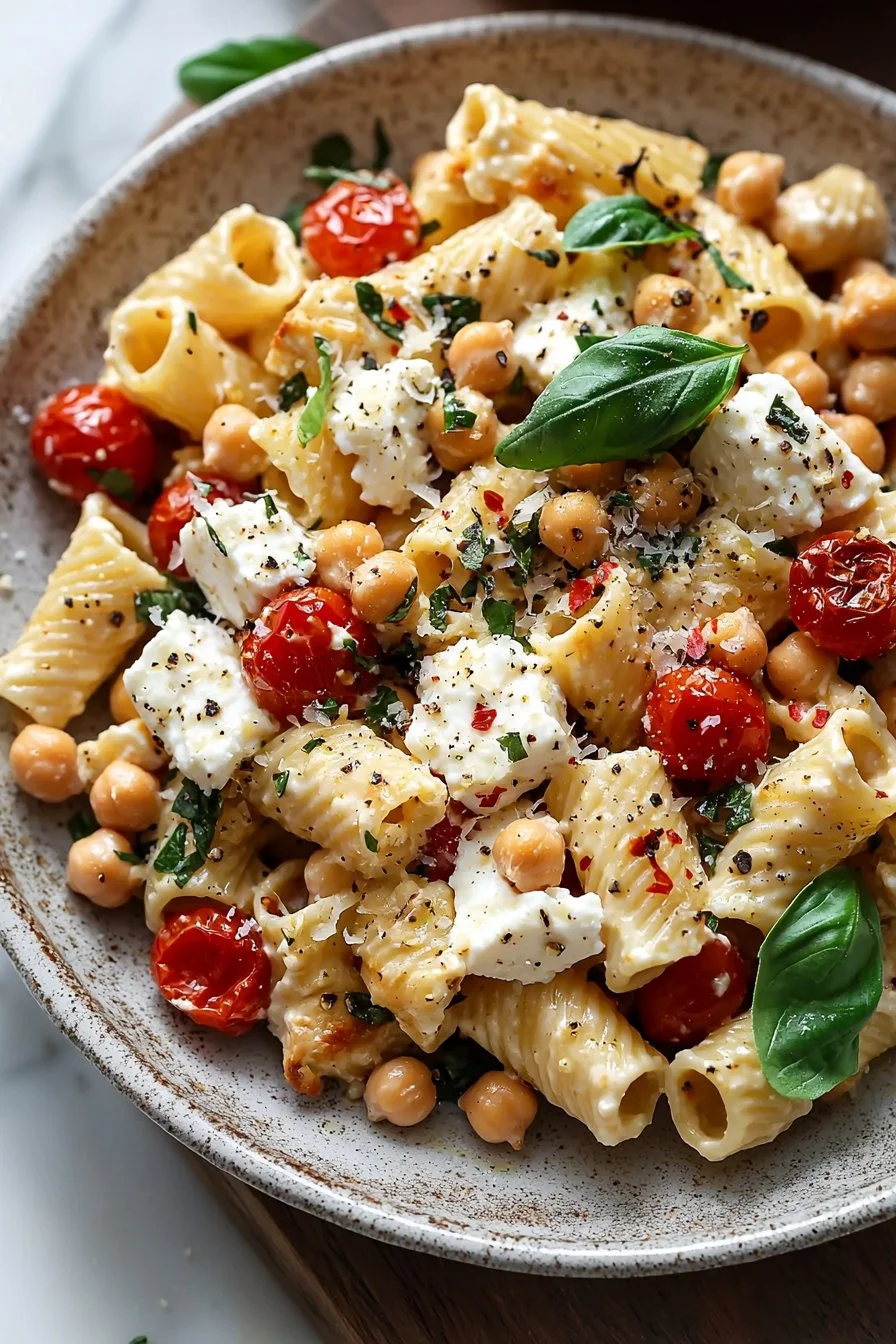 Creamy baked feta pasta with chickpeas served in a bowl