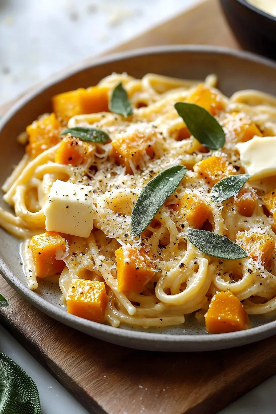 Creamy brown butter sage butternut squash pasta dish garnished with fresh herbs
