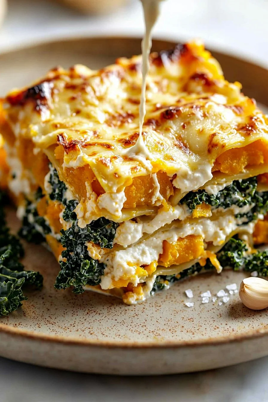 Creamy butternut squash and kale lasagna in a baking dish