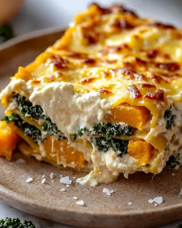 Creamy butternut squash and kale lasagna with béchamel sauce in a baking dish