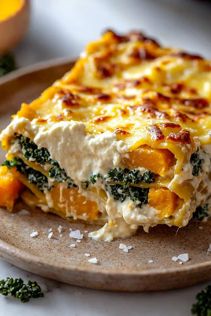 Creamy butternut squash and kale lasagna with béchamel sauce in a baking dish