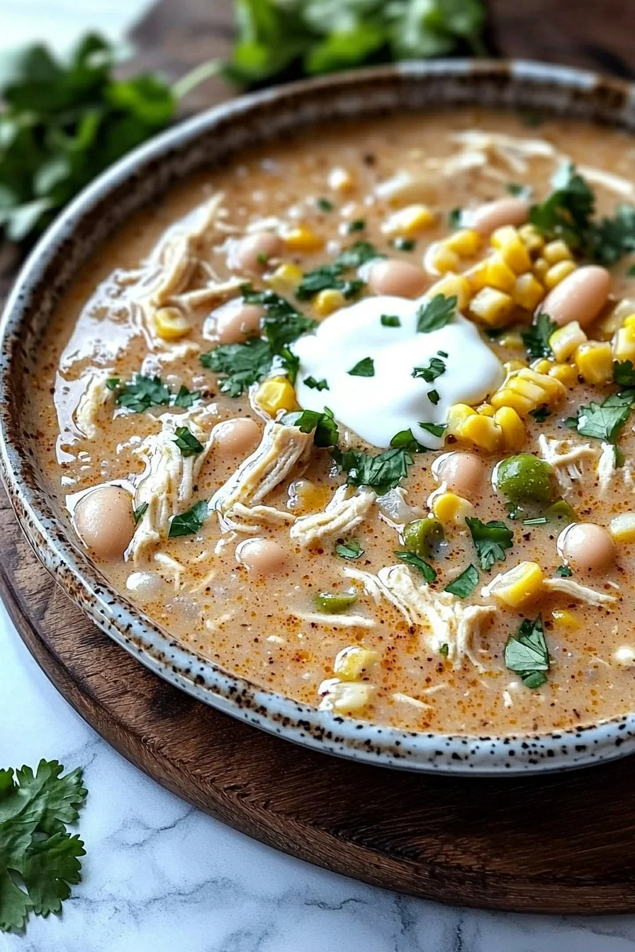 Creamy crockpot white chicken chili served in a bowl with toppings