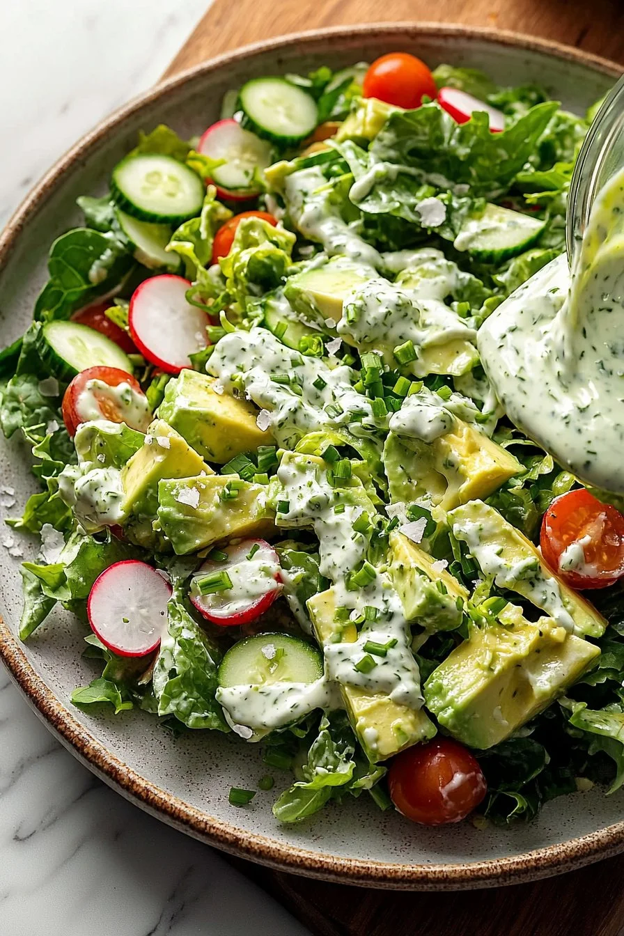Creamy Green Goddess Salad with crunchy vegetables and fresh herbs
