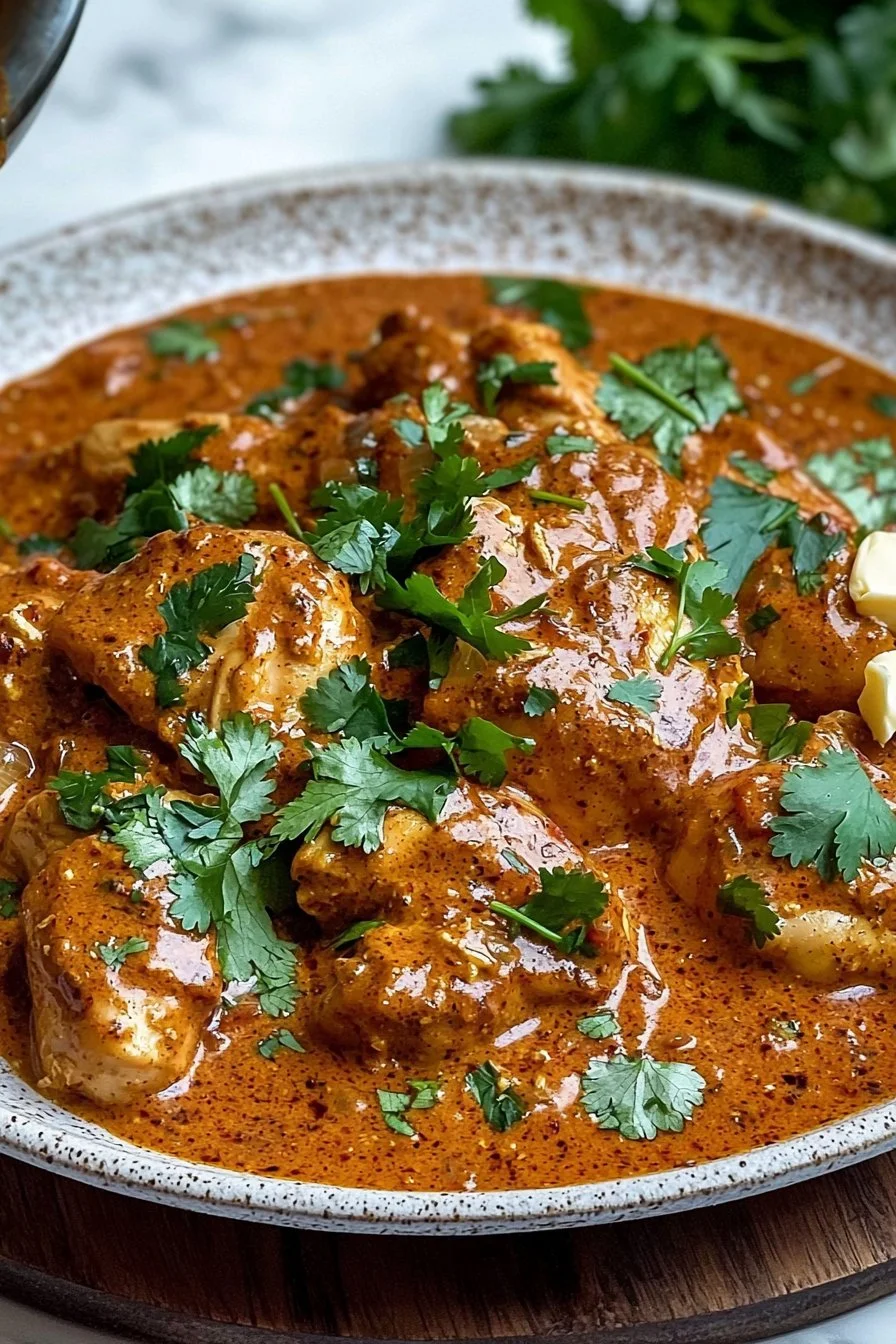 Creamy Instant Pot butter chicken served in a bowl with rice and spices