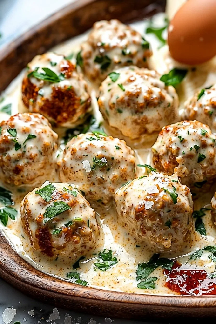 Creamy Marry Me Chicken meatballs served on a plate with herbs and sauce