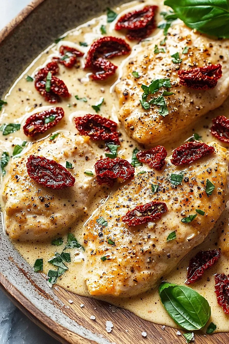 Creamy sun-dried tomato garlic chicken served on a plate