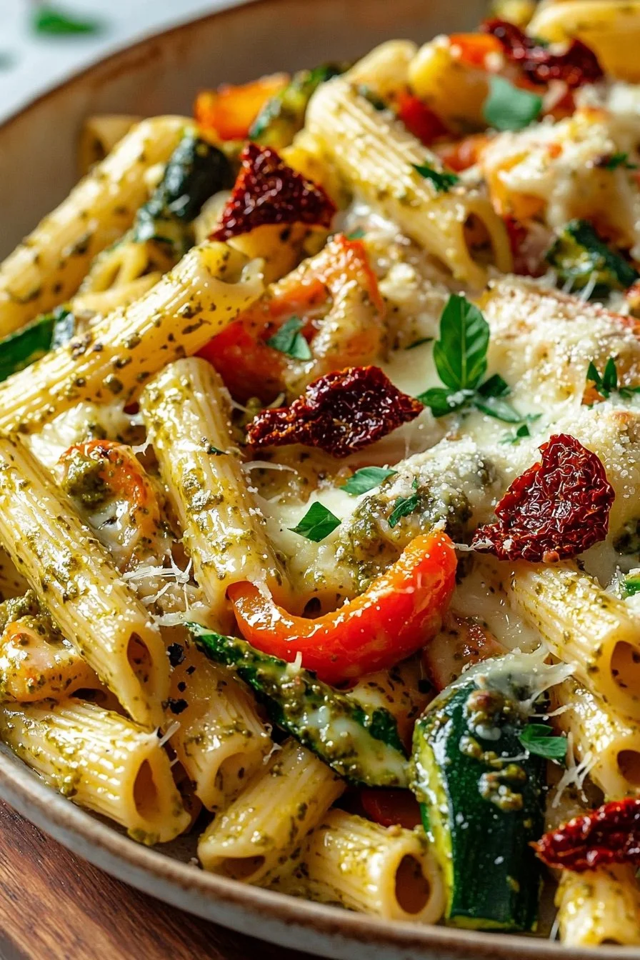 Creamy sundried tomato pesto pasta bake with fresh veggies in a casserole dish