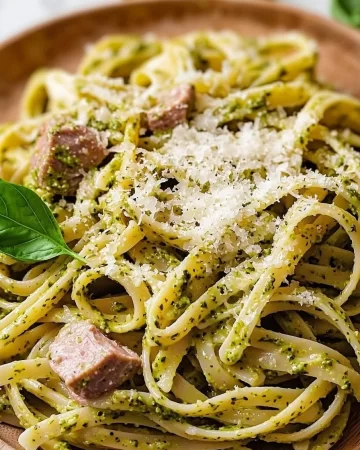 Creamy tuna pesto pasta served in a bowl with fresh basil