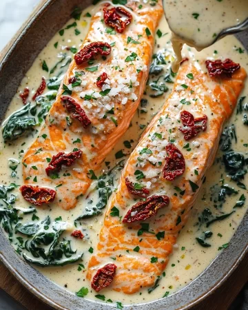 Creamy Tuscan Salmon dish topped with sun-dried tomatoes and herbs