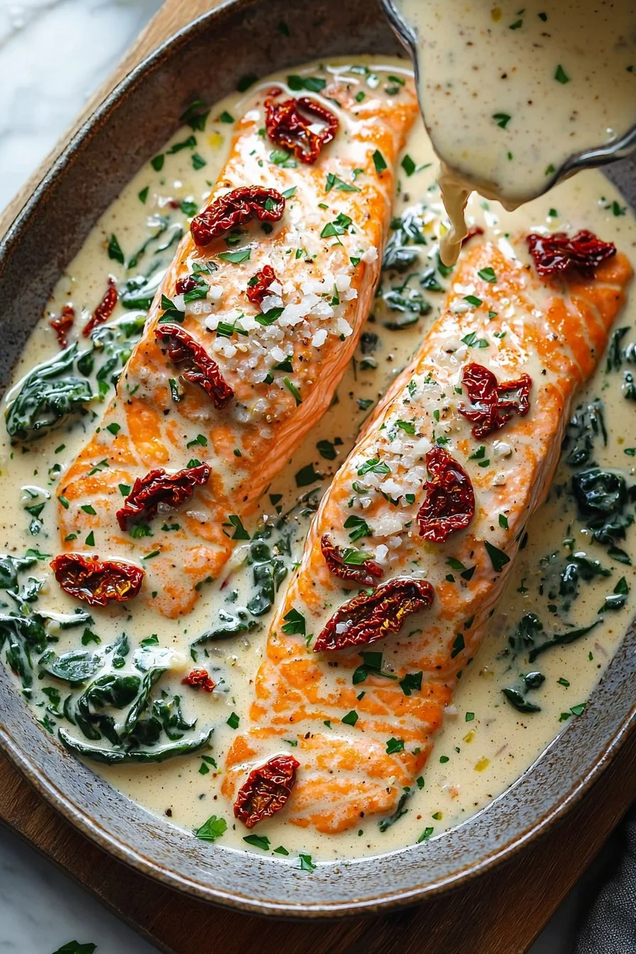 Creamy Tuscan Salmon dish topped with sun-dried tomatoes and herbs