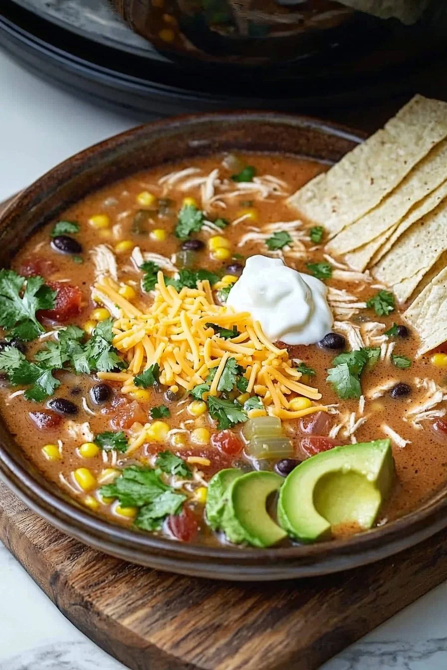Delicious bowl of Crockpot Chicken Tortilla Soup topped with tortilla strips and avocado.