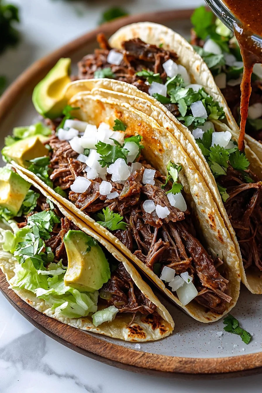 Delicious Crockpot Chipotle Pot Roast Tacos served with toppings