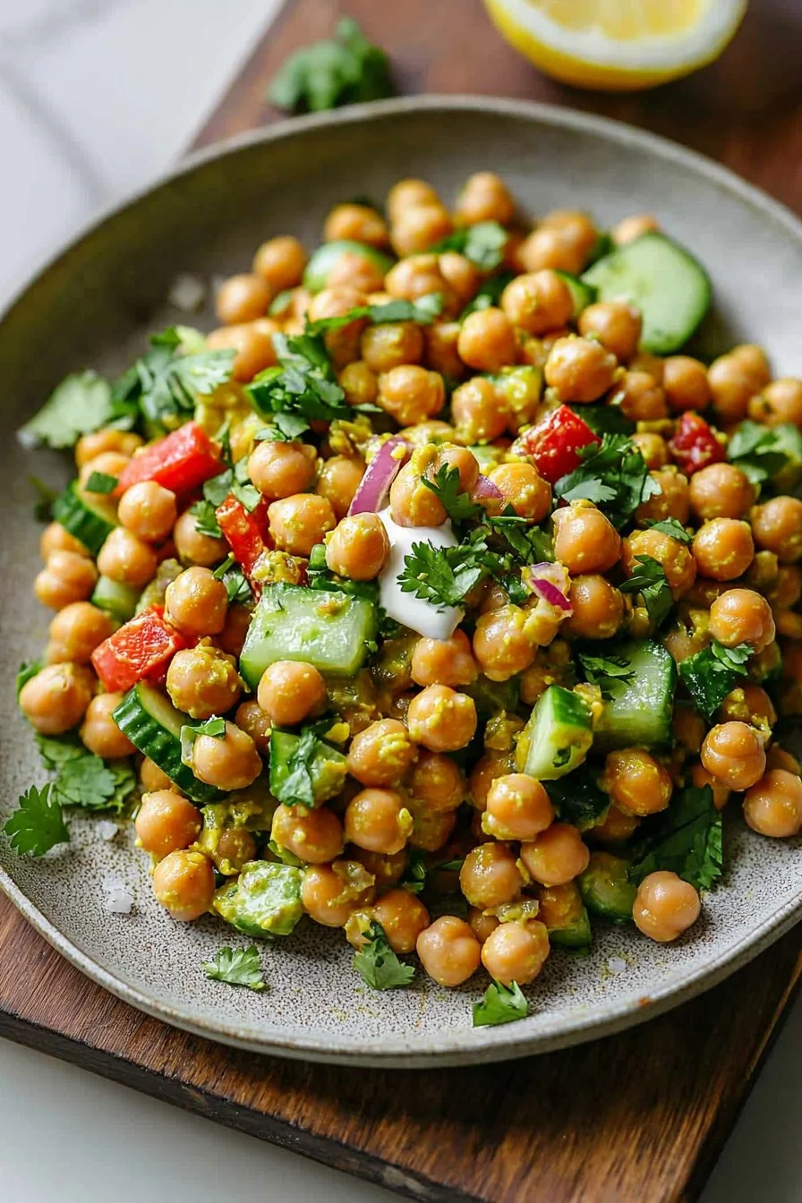 Curried chickpea salad served in a bowl with colorful vegetables.