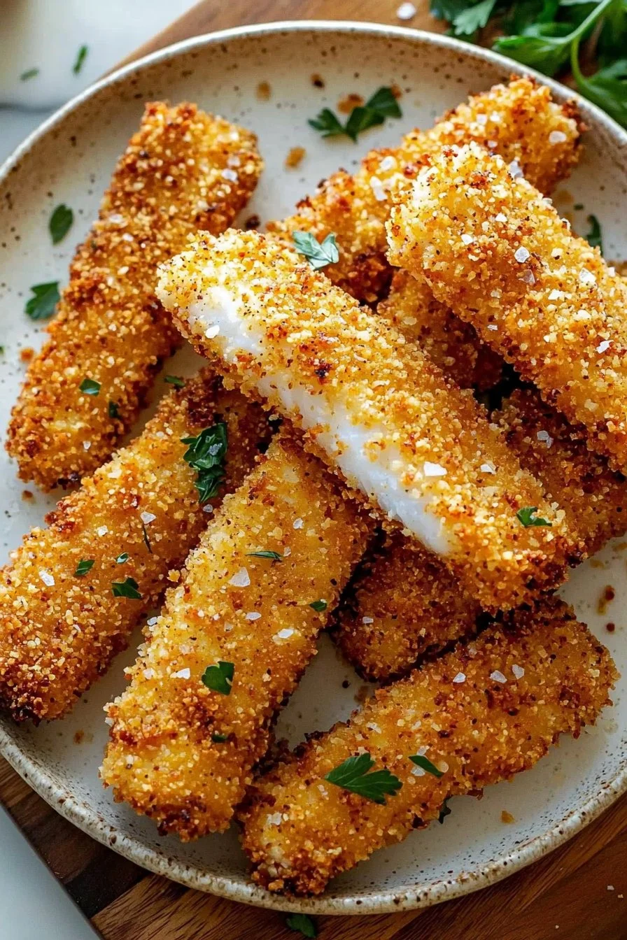 Crispy baked fish sticks served with tartar sauce on a plate