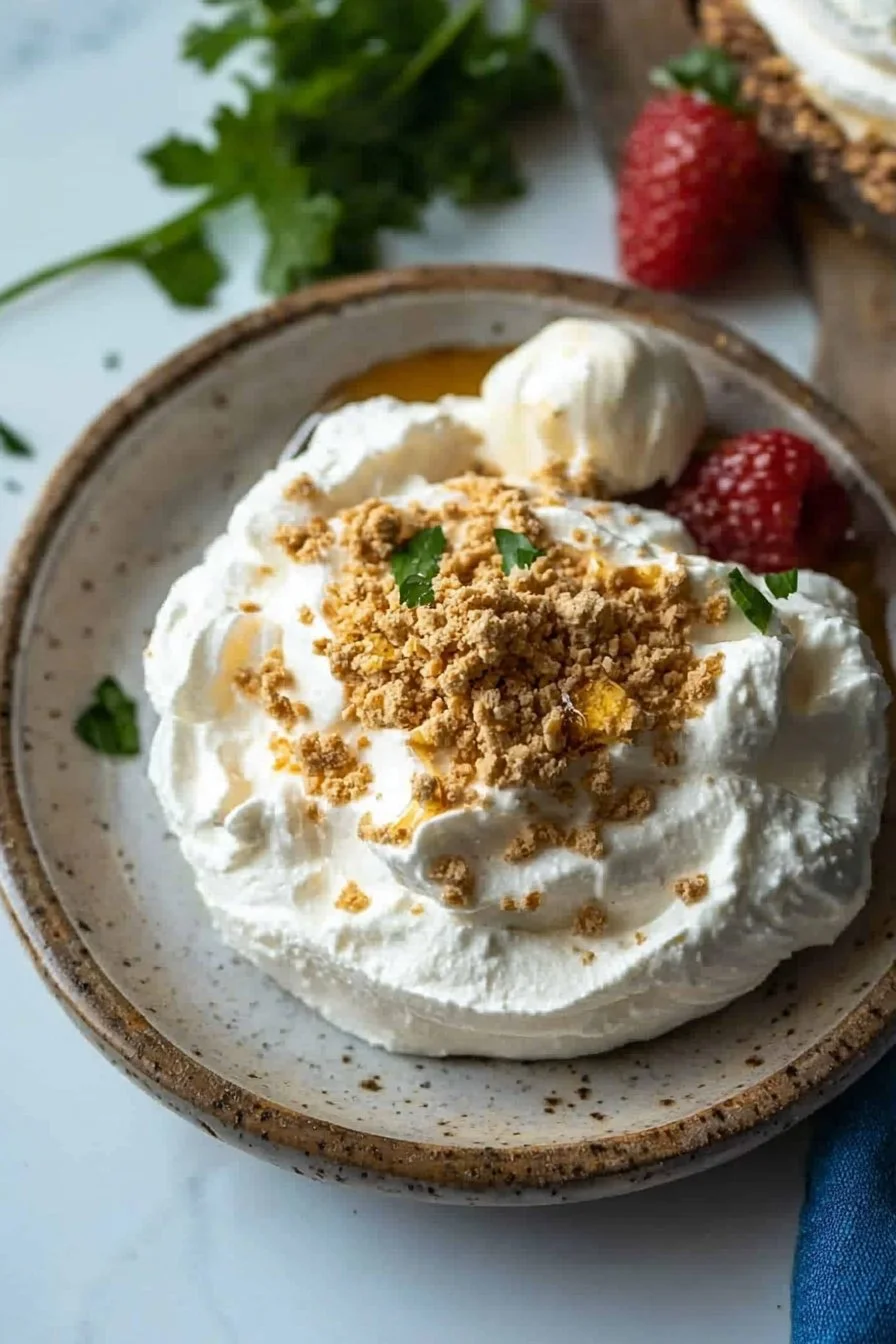 No-bake high protein cheesecake fluff topped with fresh berries