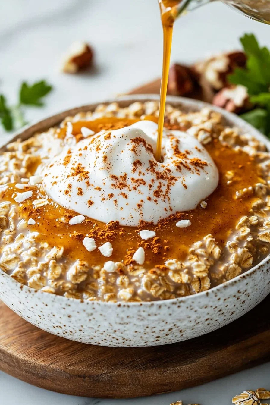 Bowl of easy pumpkin spice oatmeal topped with cinnamon and nuts