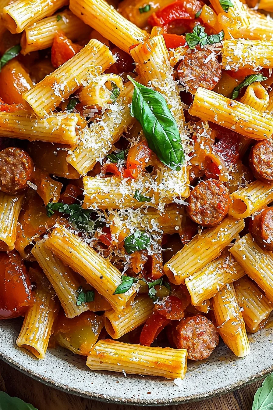Bowl of easy sausage and peppers pasta topped with parsley