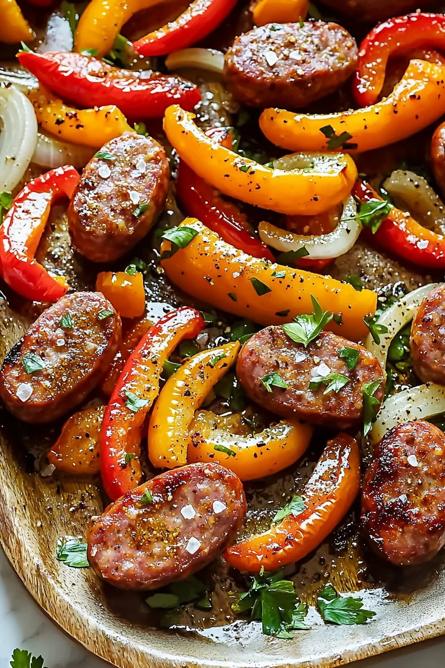 Easy sheet pan sausage with peppers and onions on a baking tray