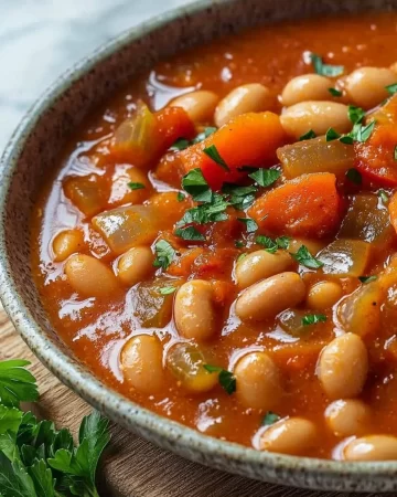Bowl of easy vegan butter bean stew with vegetables and herbs