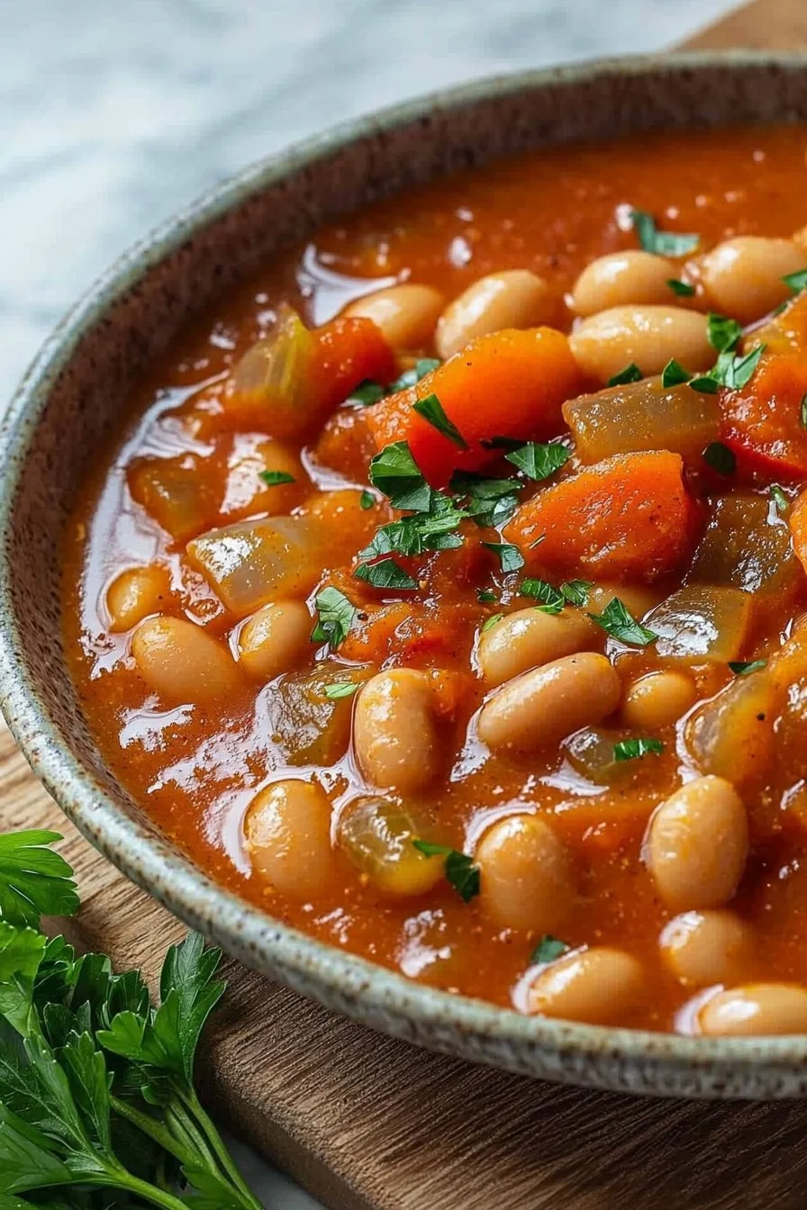 Bowl of easy vegan butter bean stew with vegetables and herbs