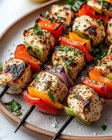 Grilled Greek marinated chicken kabobs on skewers with colorful vegetables