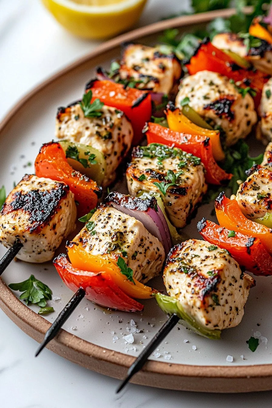 Grilled Greek marinated chicken kabobs on skewers with colorful vegetables