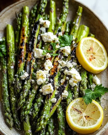 Grilled asparagus garnished with lemon slices and crumbled feta cheese