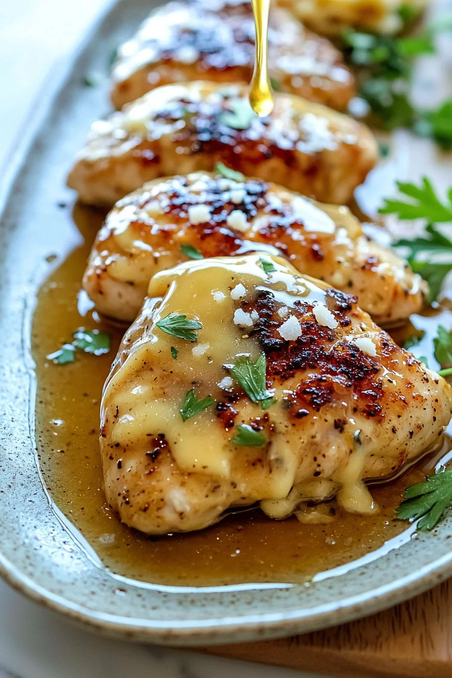 Honey Mustard Chicken with melted cheese garnished on a plate