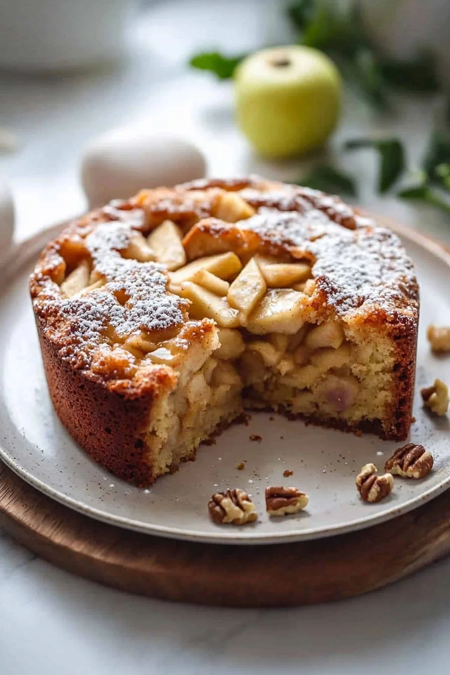 Irresistible fresh apple cake with sliced apples and a dusting of powdered sugar