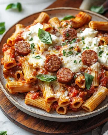 Delicious Italian Sausage Baked Ziti served in a rustic dish