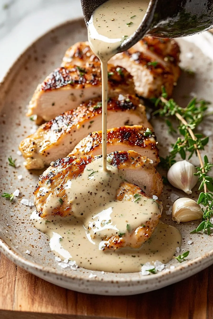 Juicy chicken tenderloins served with creamy Dijon sauce on a plate