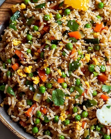 A colorful bowl of Korean veggie fried rice with vegetables and spices