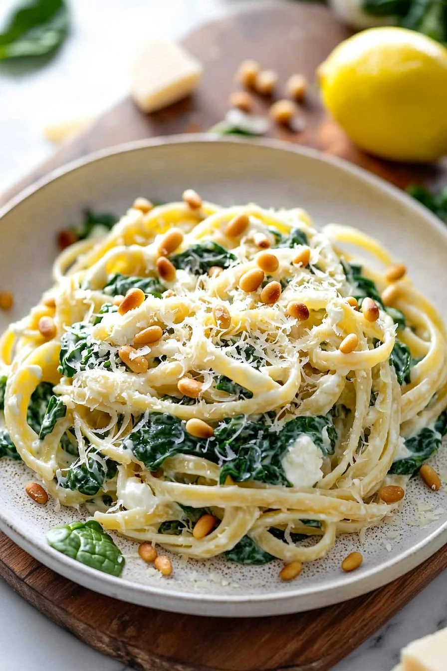 Lemon Ricotta Pasta with Spinach and Toasted Pine Nuts