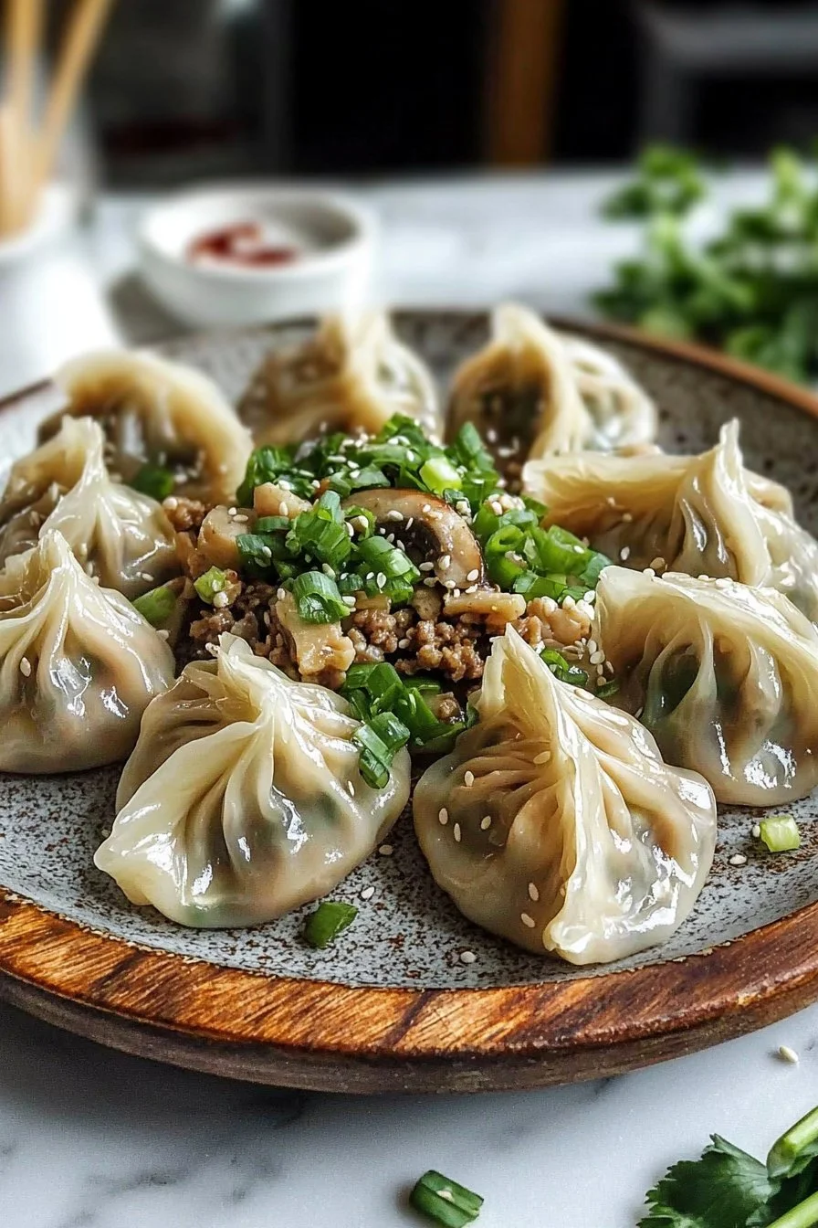 Delicious Lucky Money Bags steamed dumplings served with dipping sauce.